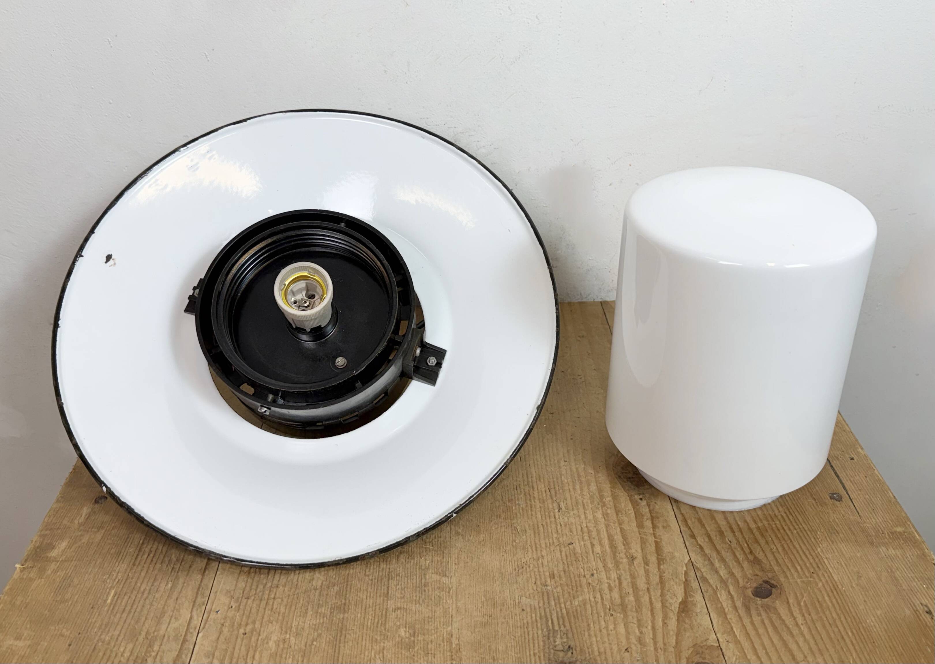 Industrial Grey Enamel Pendant Lamp with Milk Glass, 1960s