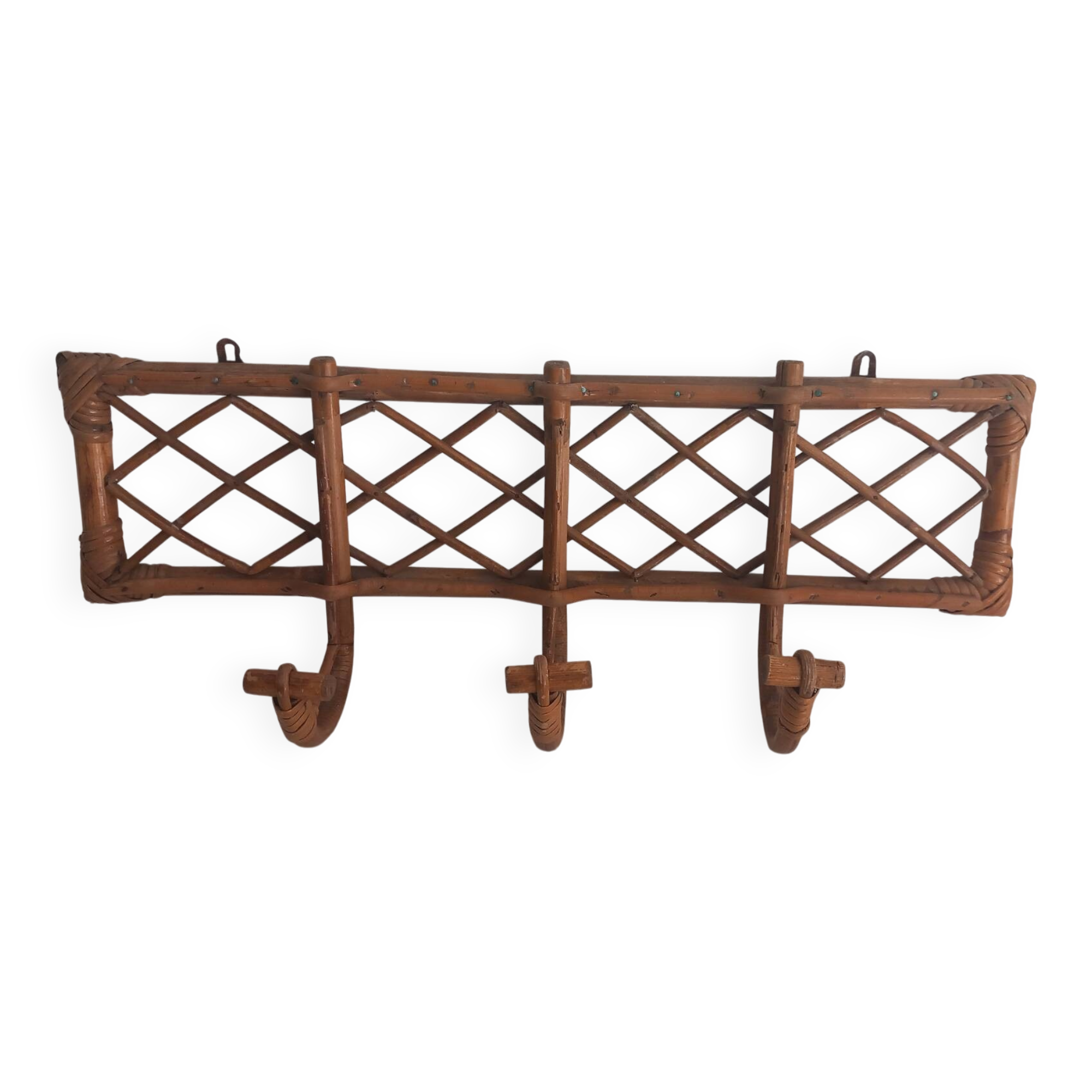 Vintage wall coat rack in rattan and bamboo – 1960s/70s