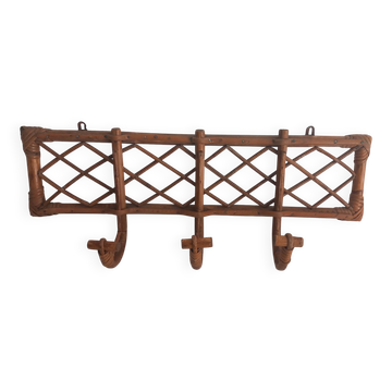Porte-manteau mural vintage en rotin et bambou – années 60-70