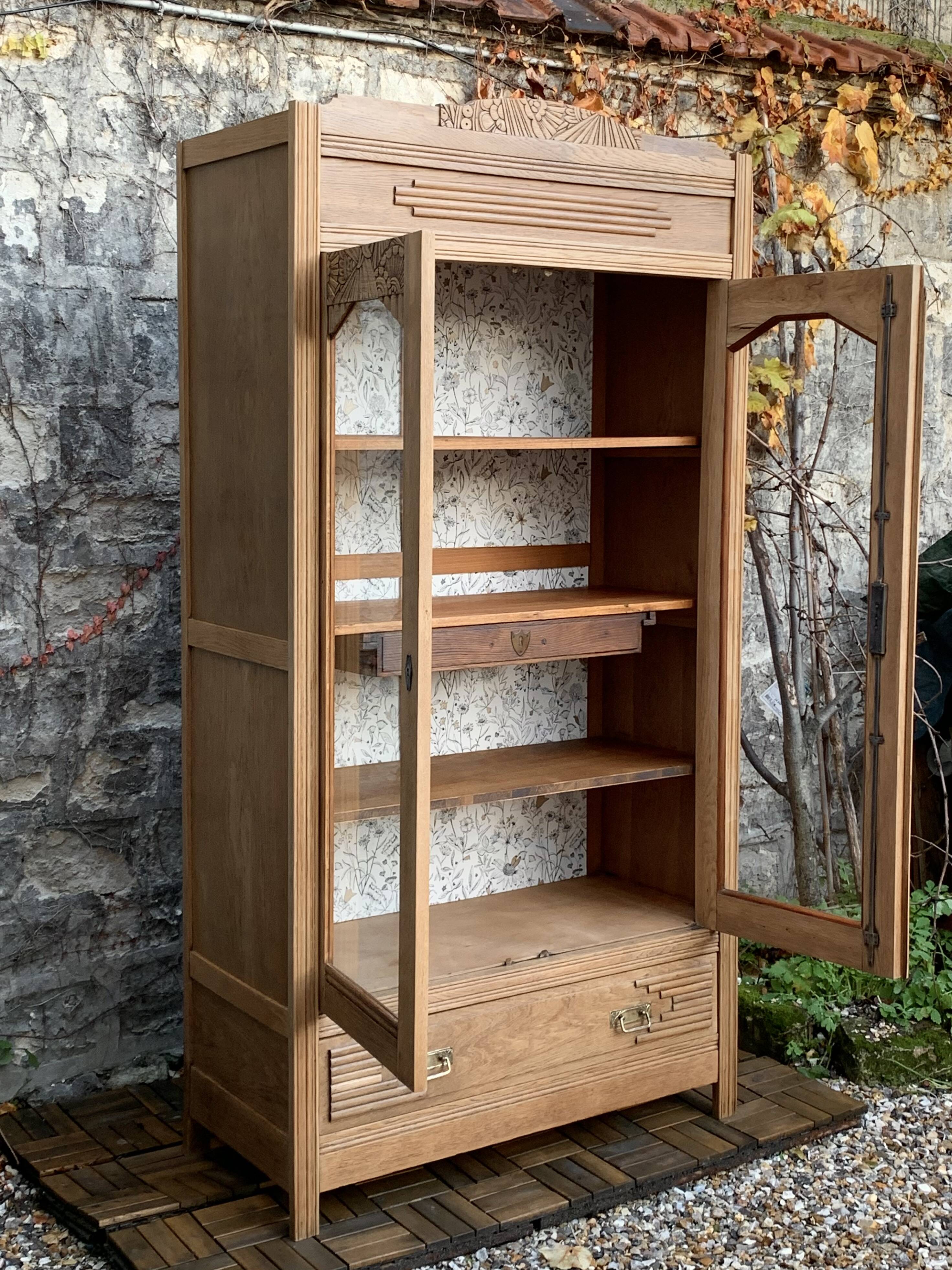 Parisian art deco glass cabinet in raw wood