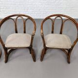 Round Oak Dining Table and Rattan Armchairs, Set of 5