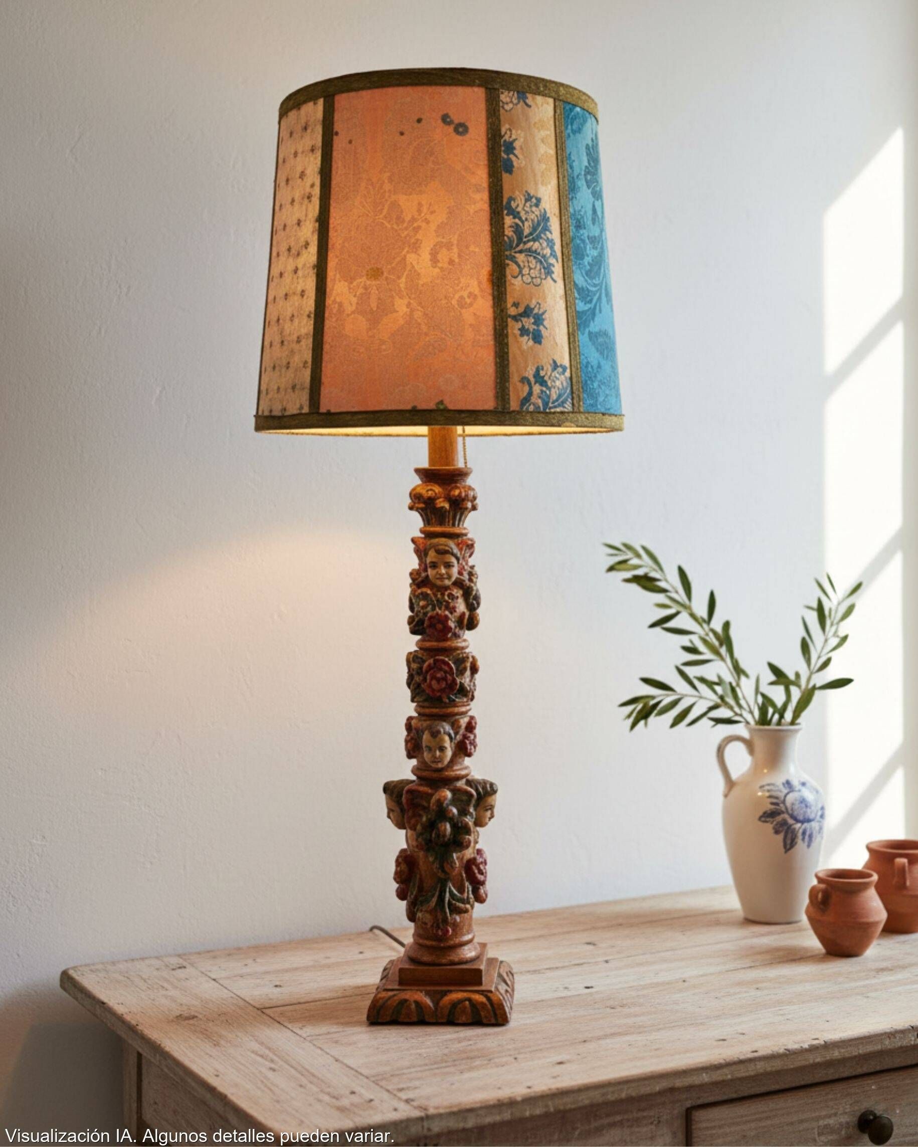 Renaissance table lamp in polychrome carved wood with cherubs.