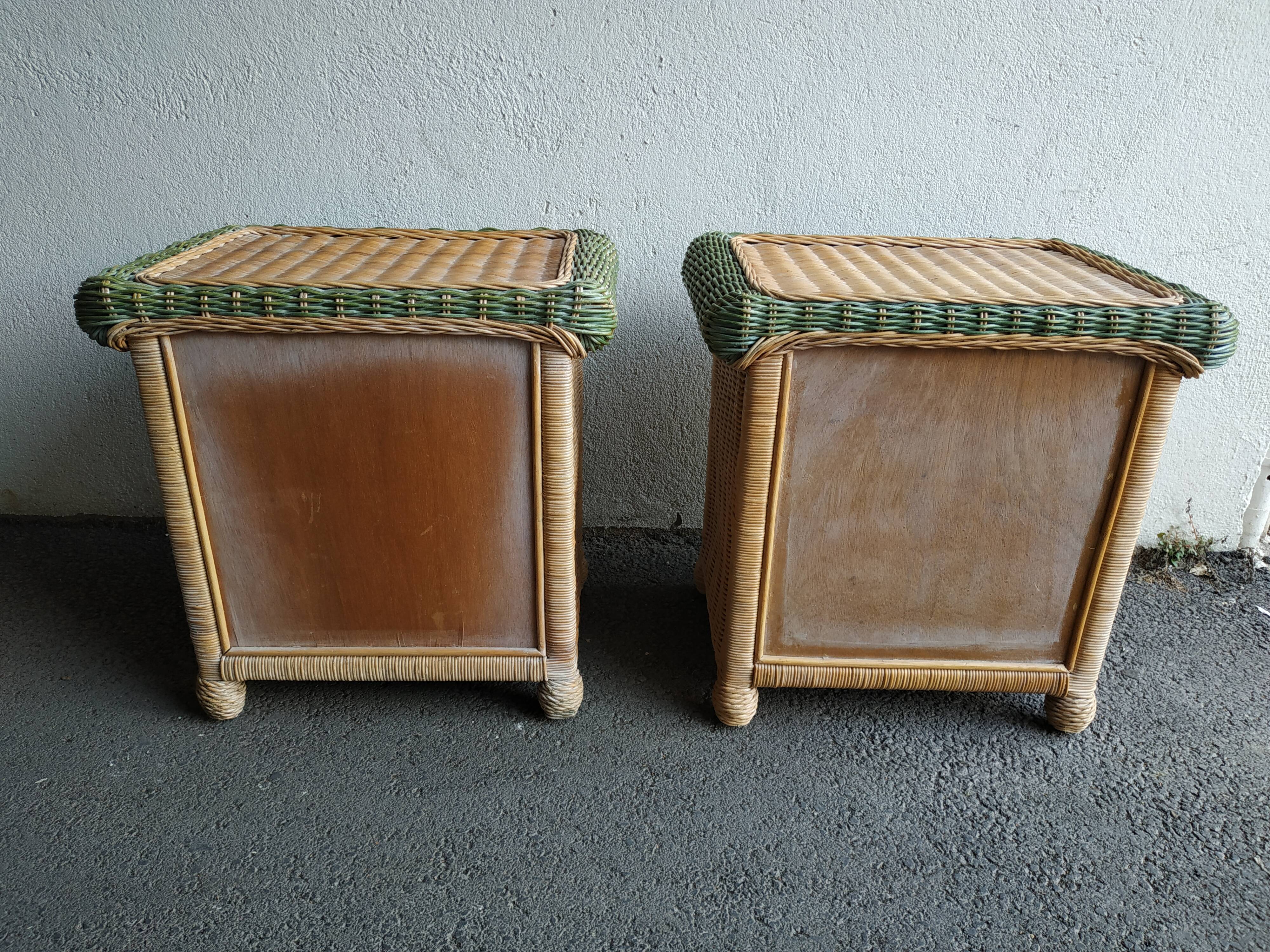 Pair of rattan and wicker bedside tables, 70s