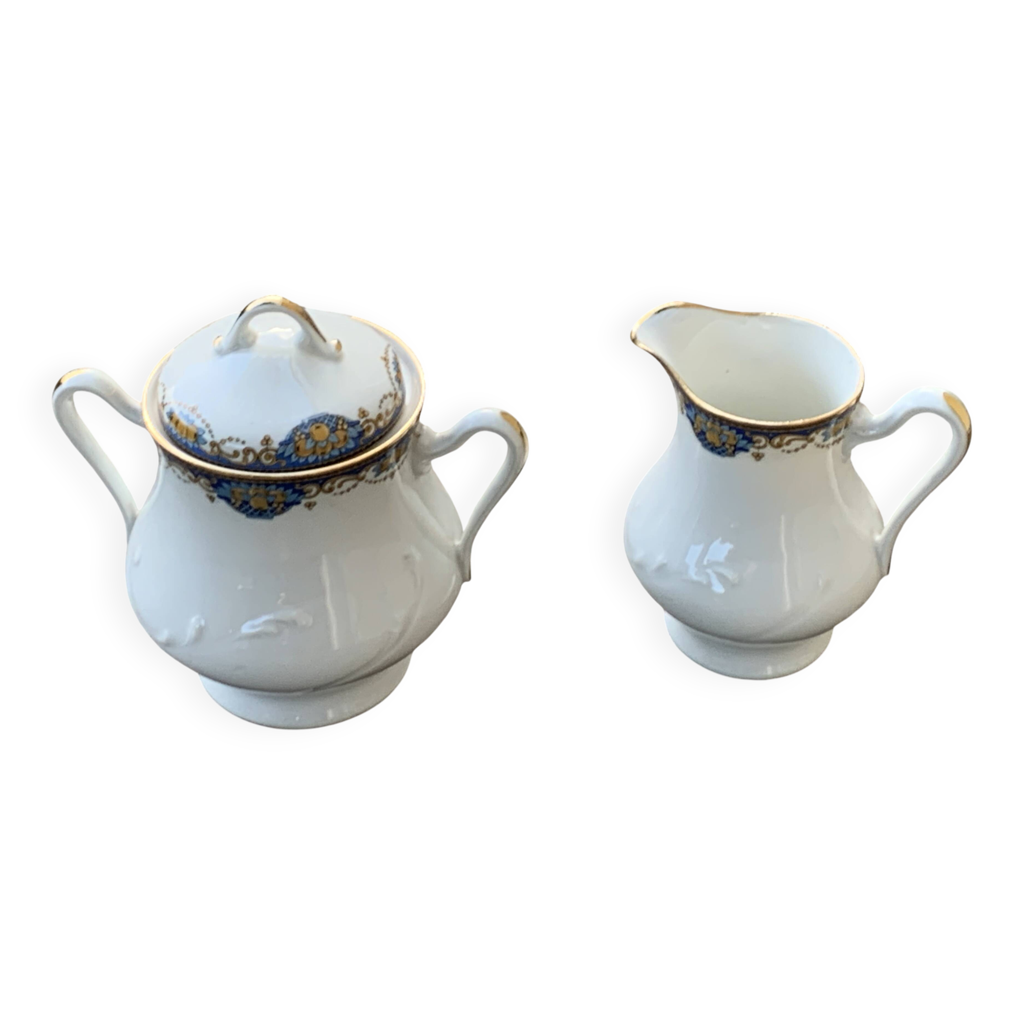 Sucrier et pot a lait, PP limoges france, porcelaine blanche art deco