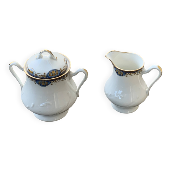 Sucrier et pot a lait, PP limoges france, porcelaine blanche art deco
