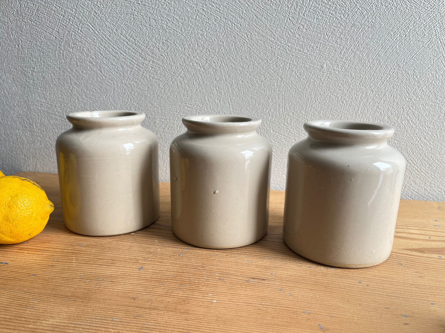 Old glazed stoneware mustard pots
