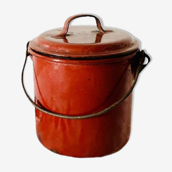 Small vintage old bowl pot in brick red enameled sheet metal