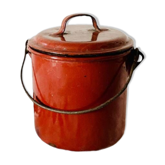 Petit pot gamelle ancienne vintage en tôle émaillée rouge brique