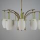 Midcentury 9-Arm Brass Chandelier with  Lacquer & Opaline Glass. Italy 1950