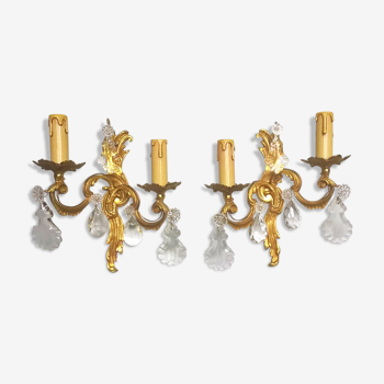 Pair of asymmetrical appliques, gilded bronze and crystal tassels, Louis XV style