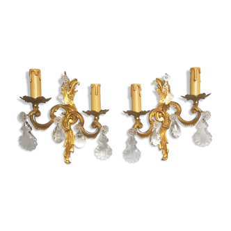 Pair of asymmetrical appliques, gilded bronze and crystal tassels, Louis XV style