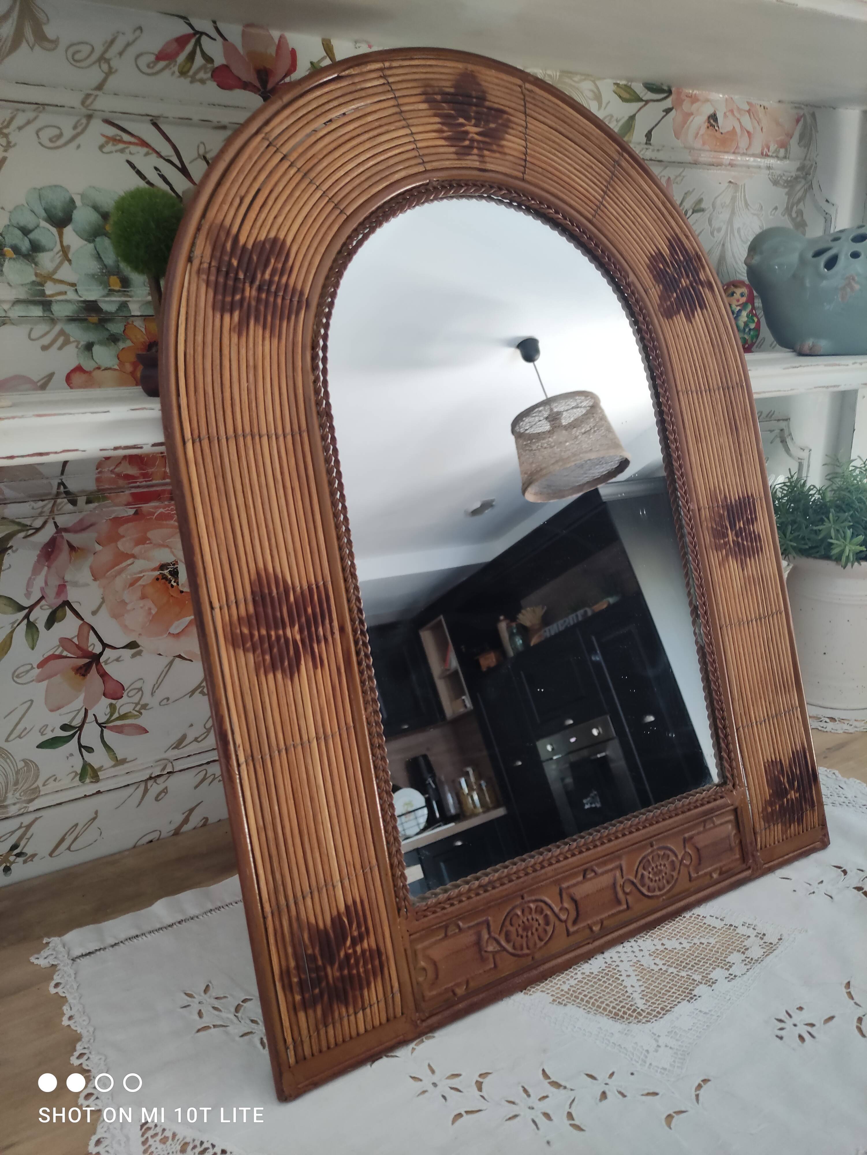 Vintage rattan arch mirror medium honey burnt leaf and metal decoration