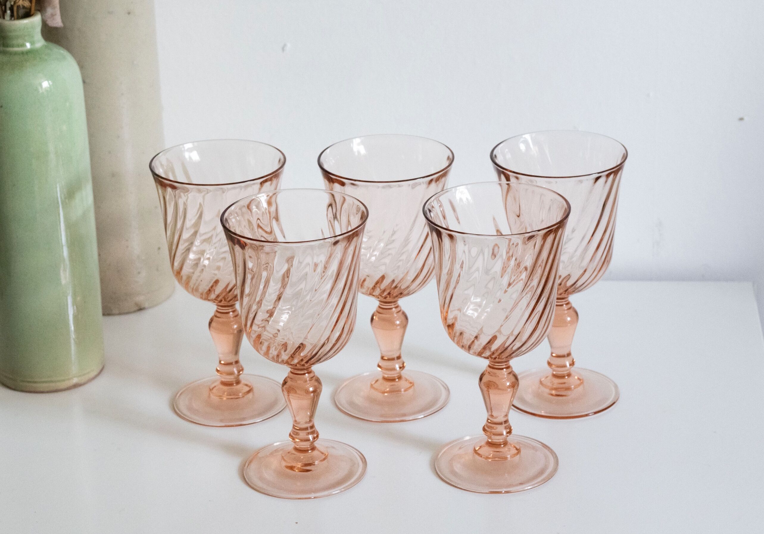 Set of 5 vintage Arcoroc Rosaline foot glasses