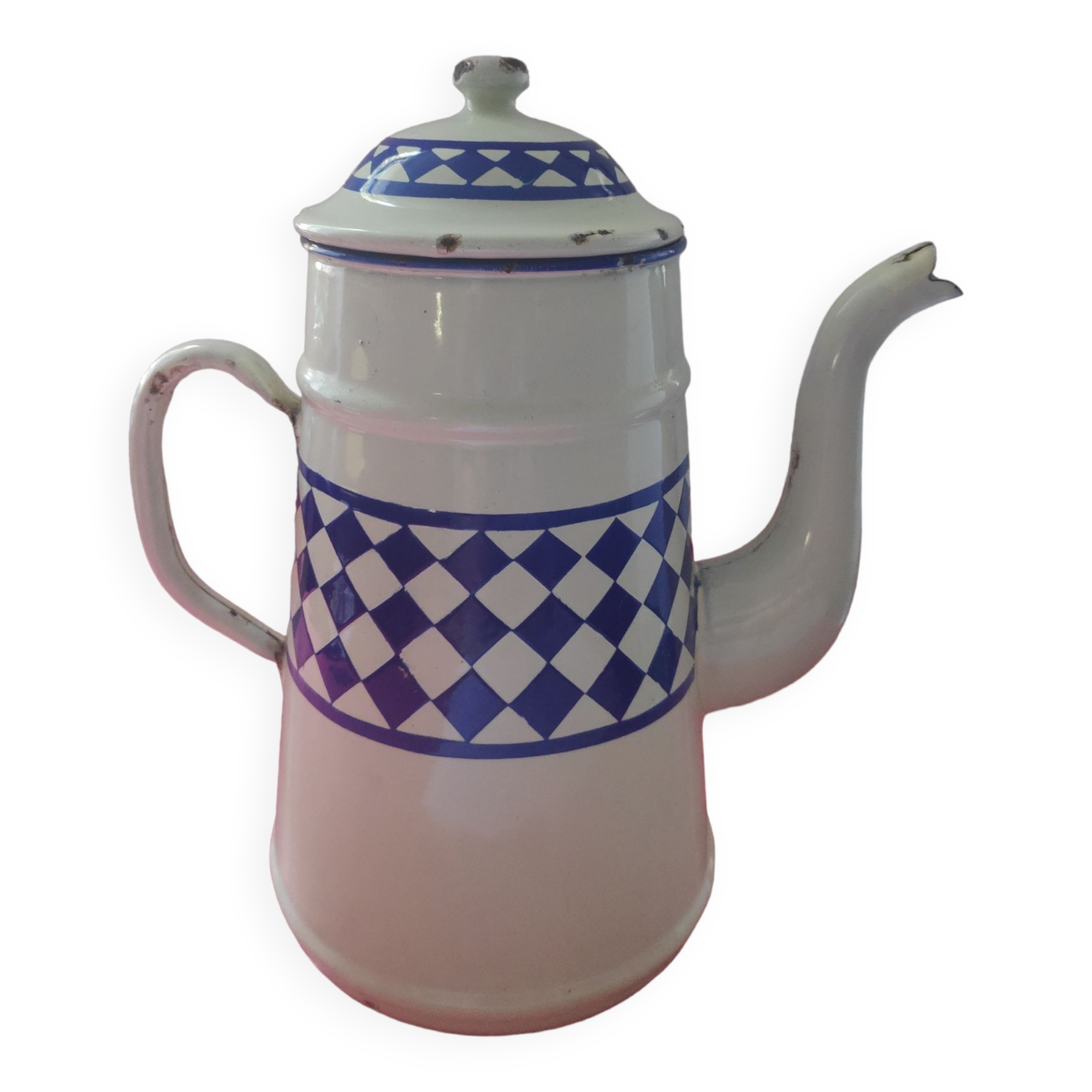 White enamelled sheet metal coffee maker with blue diamonds in relief