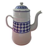 White enamelled sheet metal coffee maker with blue diamonds in relief