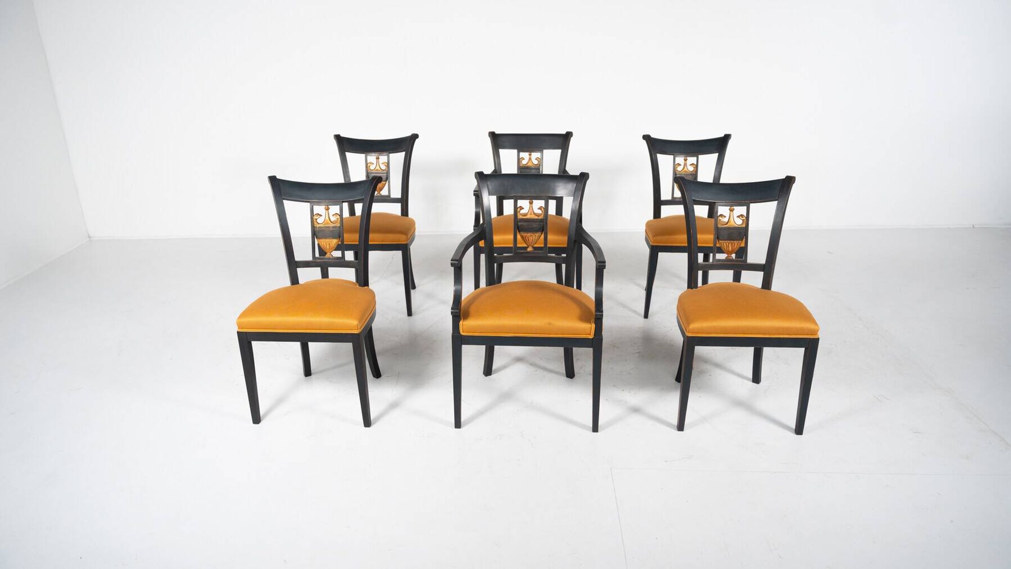 Set of 2 Black and Gold Armchairs and 4 Chairs, Empire style