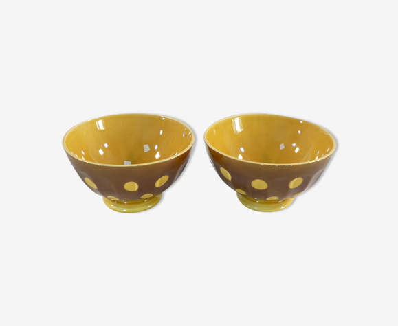 Paire de bols en faience de Sarreguemines marron pois jaune