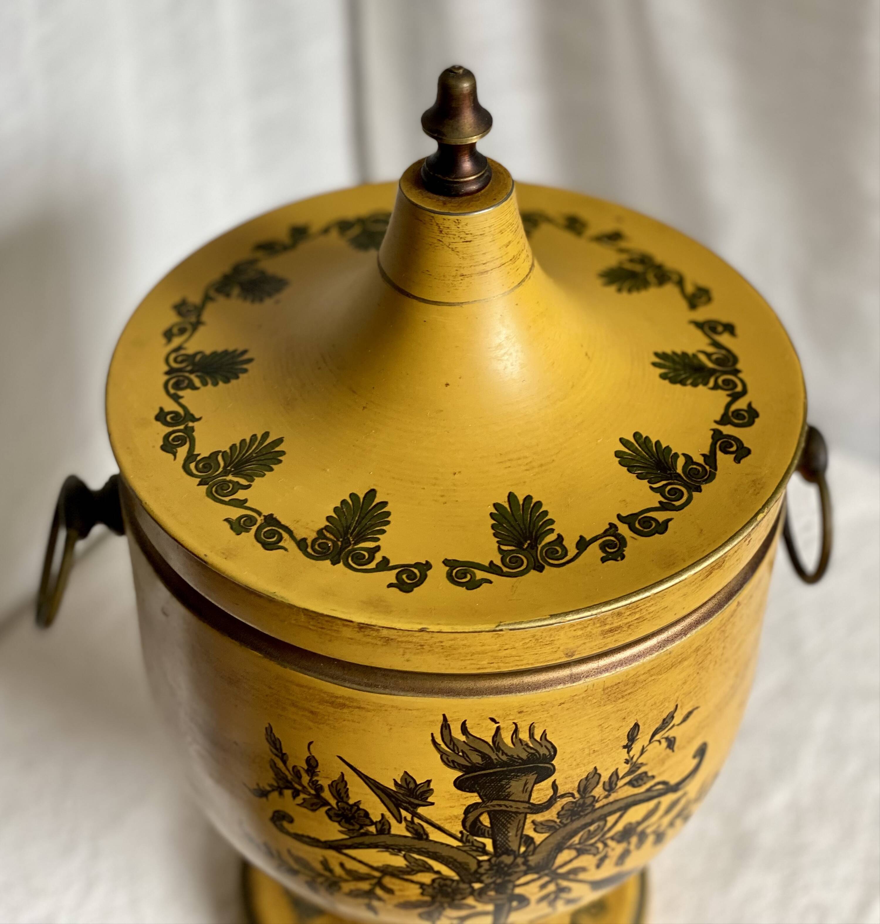 Vintage 1960s painted metal ice bucket from Italy in yellow and gold.