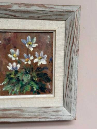 Mid-Century Oil on Panel “Flowers” by Unknown Artist, Vintage & Framed 20 × 23cm