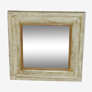 Mirror square wooden patina yellow and white 43 x 43 cm