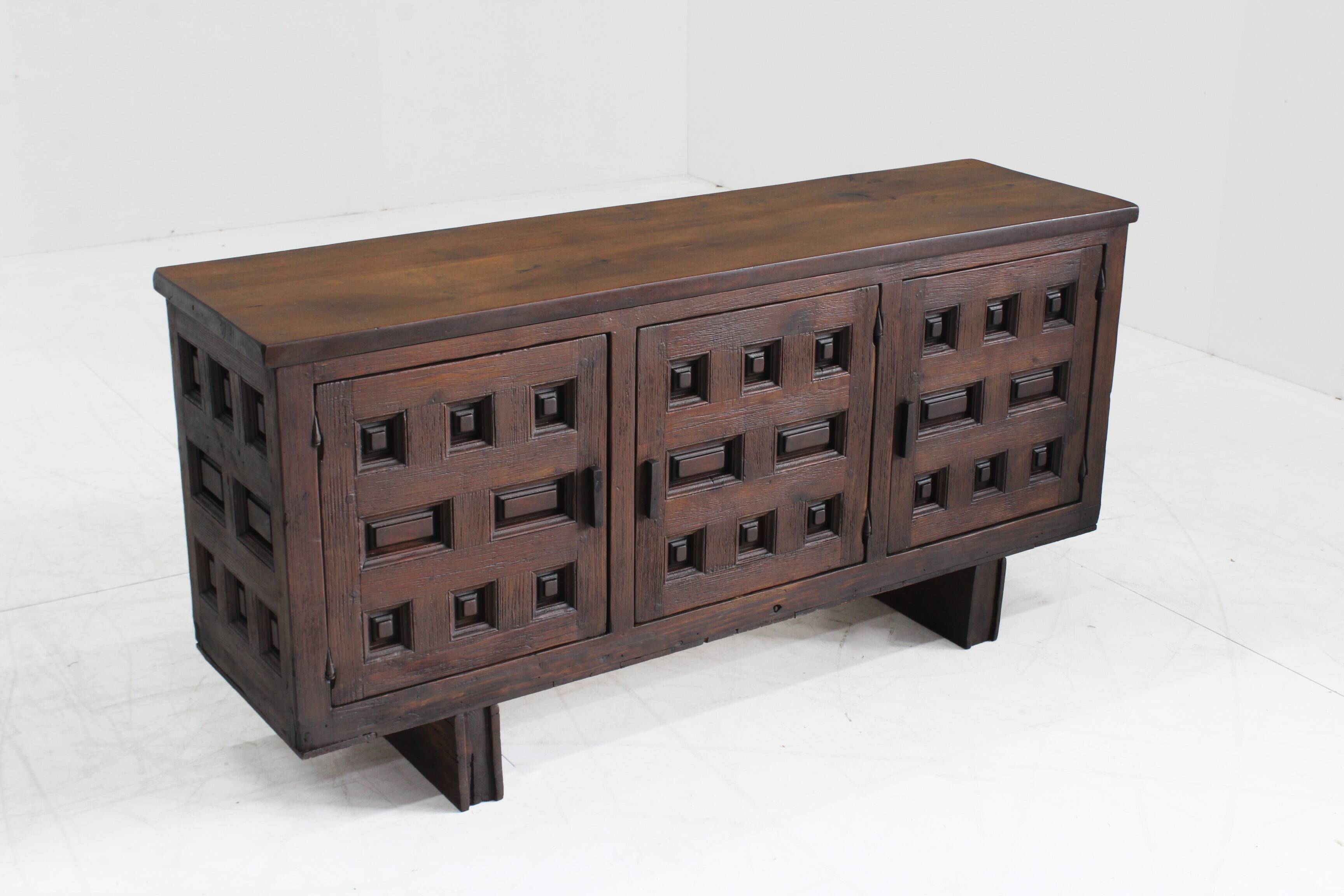 Vintage Brutalist Spanish carved sideboard credenza