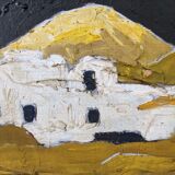 Mid-Century Modern Swedish Oil Painting "White Village" Vintage Framed Landscape