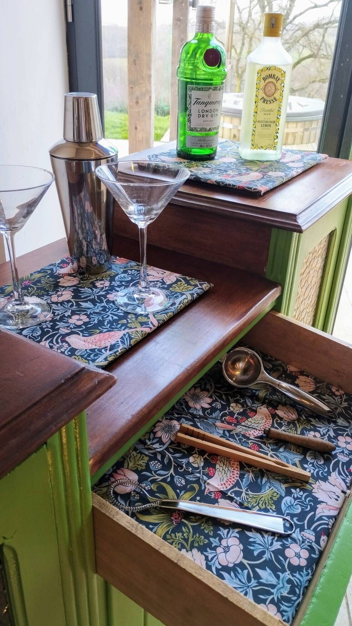 Art Deco Gin Buffet, painted in Farrow and Ball with a William Morris-inspired interior