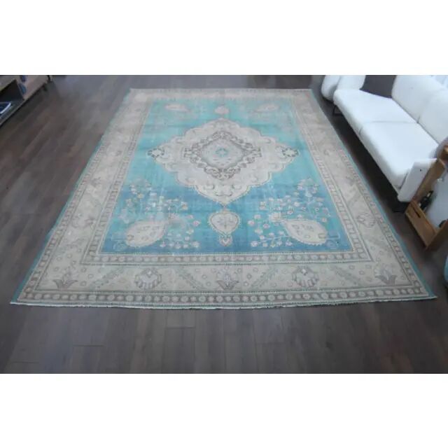 1960s Vintage Persian Handmade Wool Cotton Turquoise Area Rug 293x378