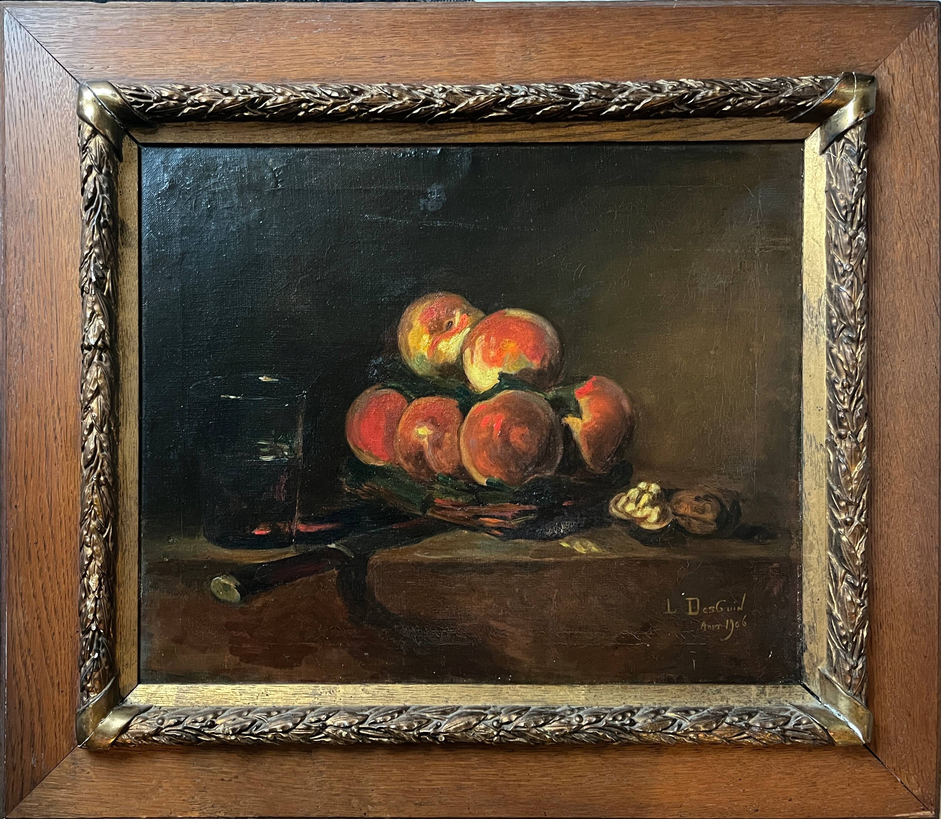 Tableau HST "Nature morte aux pêches" L. DesGuin 1907