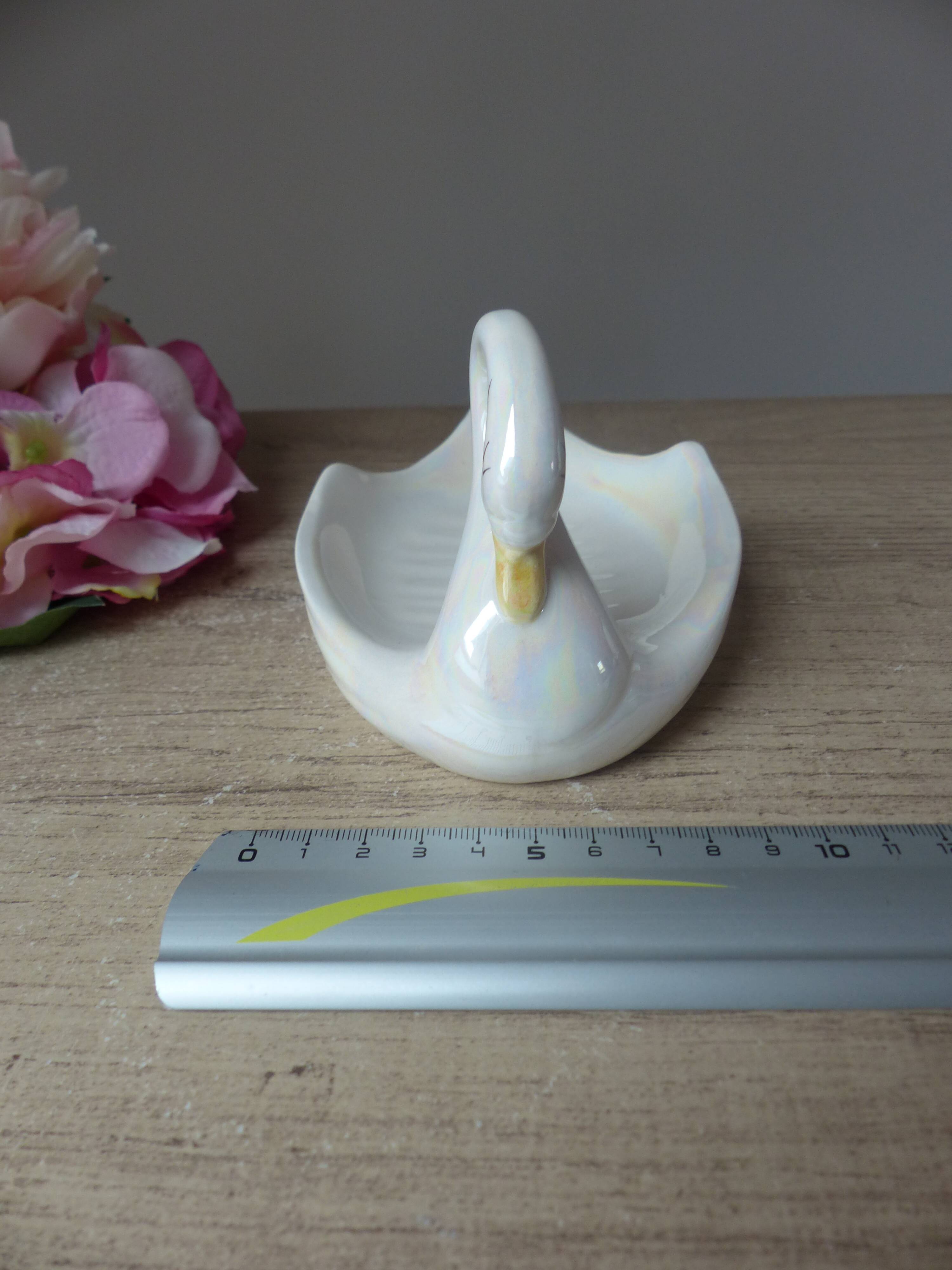Soap holder or swan trinket in vintage iridescent white ceramic, swan sponge holder, jewelry holder