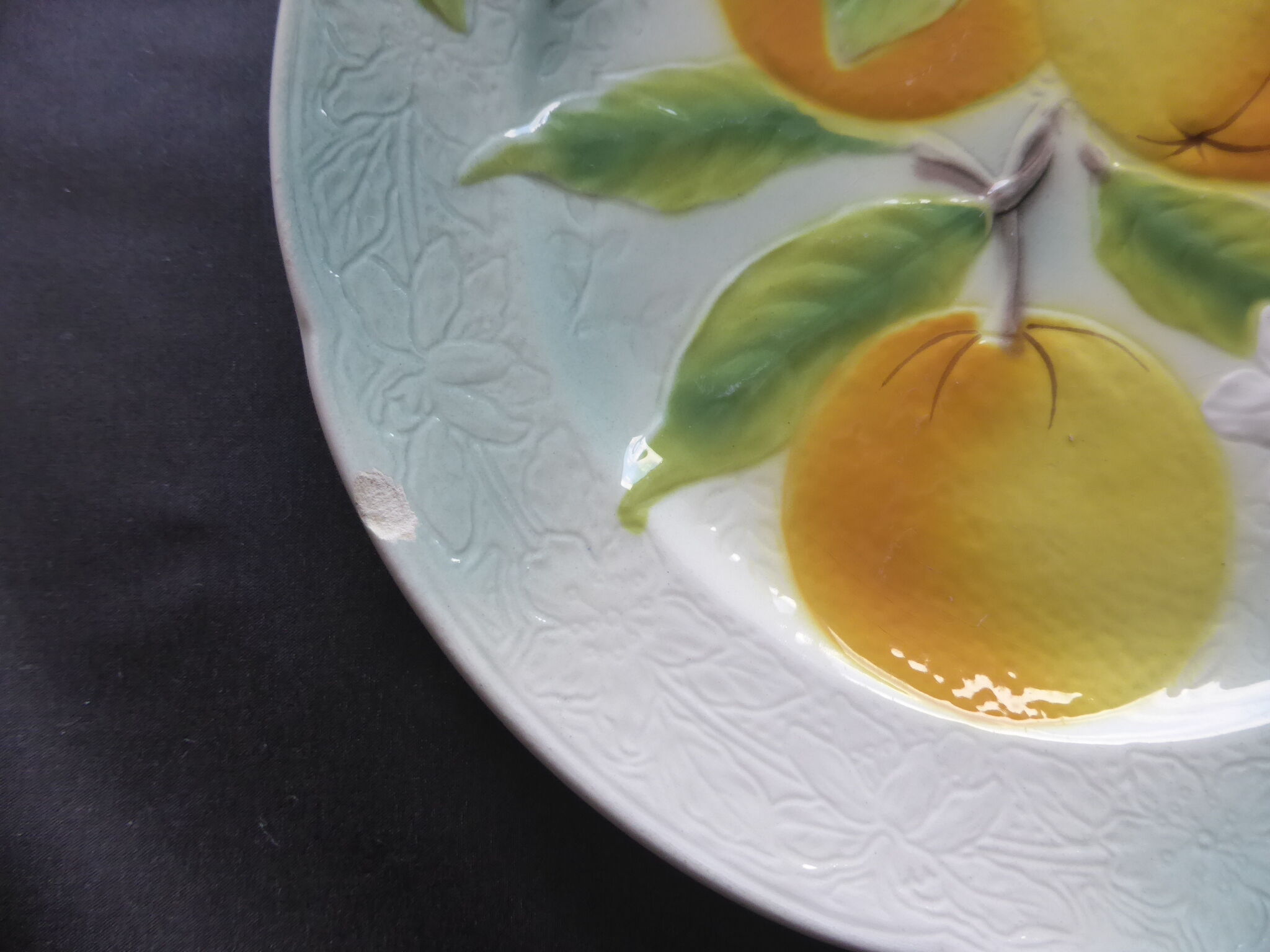 5 old dessert plates decorated with saint clement's dabbling fruit