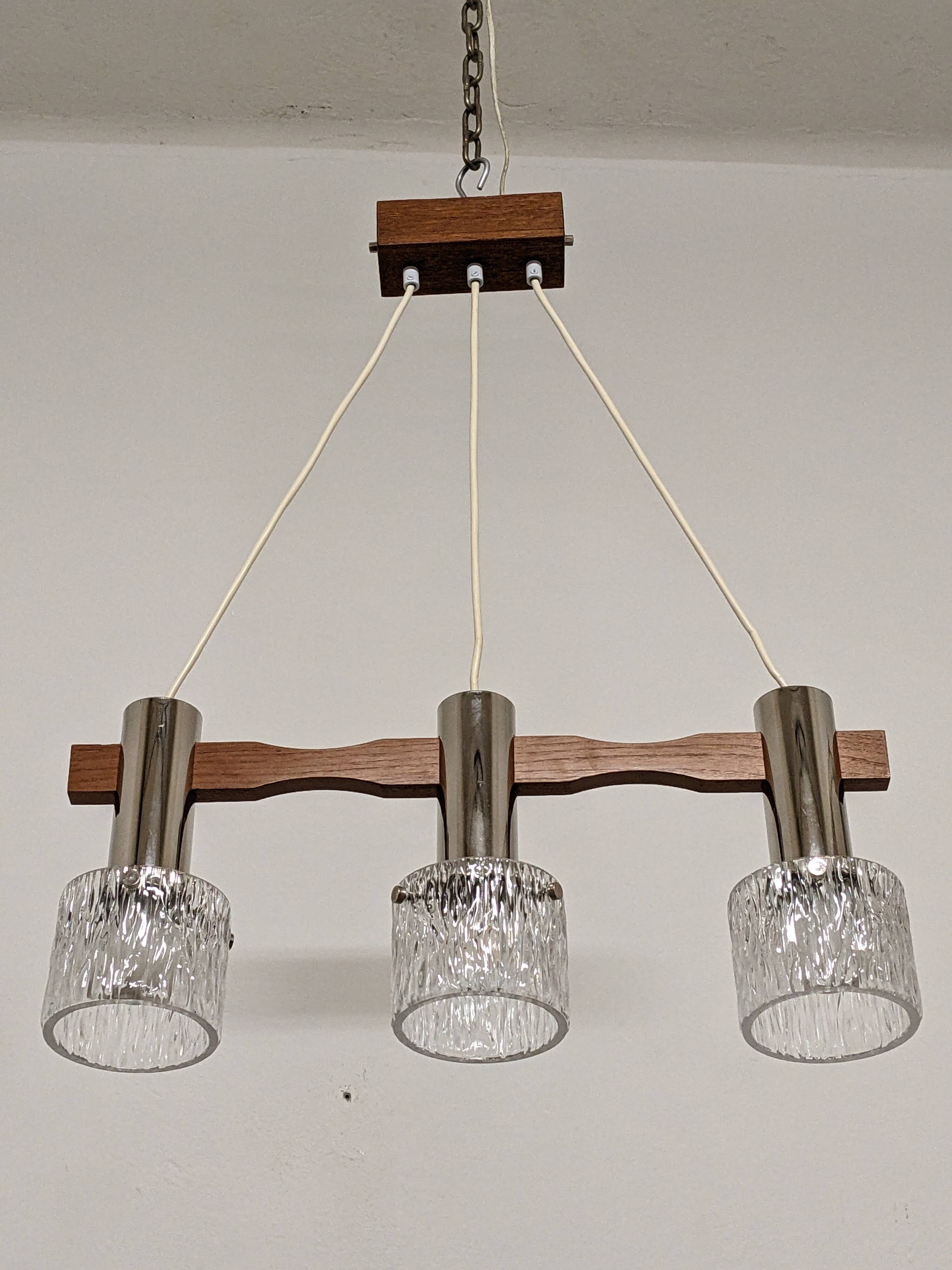 Scandinavian chandelier with 3 lights in teak and glass from the 60s/70s