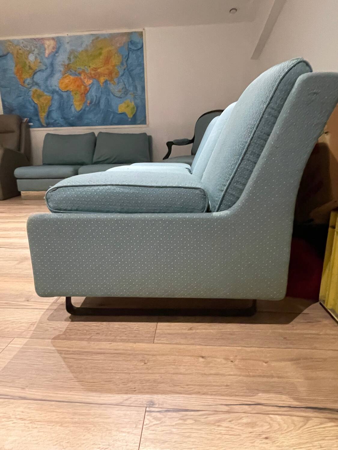 Banquette sofa circa 1970 blue fabric/yellow polka dots