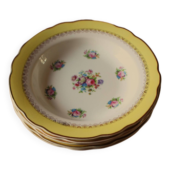 Un lot 5 assiettes creuses jaune dorure fleurs Digoin Sarreguemines Graziella