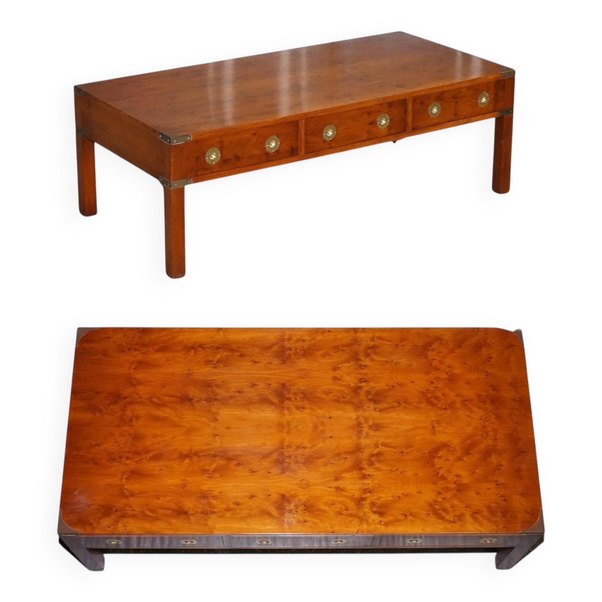 Coffee Table with 3 Drawers Military Campaign in Yew Wood, Elm and Brass, 1950s