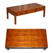 Coffee Table with 3 Drawers Military Campaign in Yew Wood, Elm and Brass, 1950s