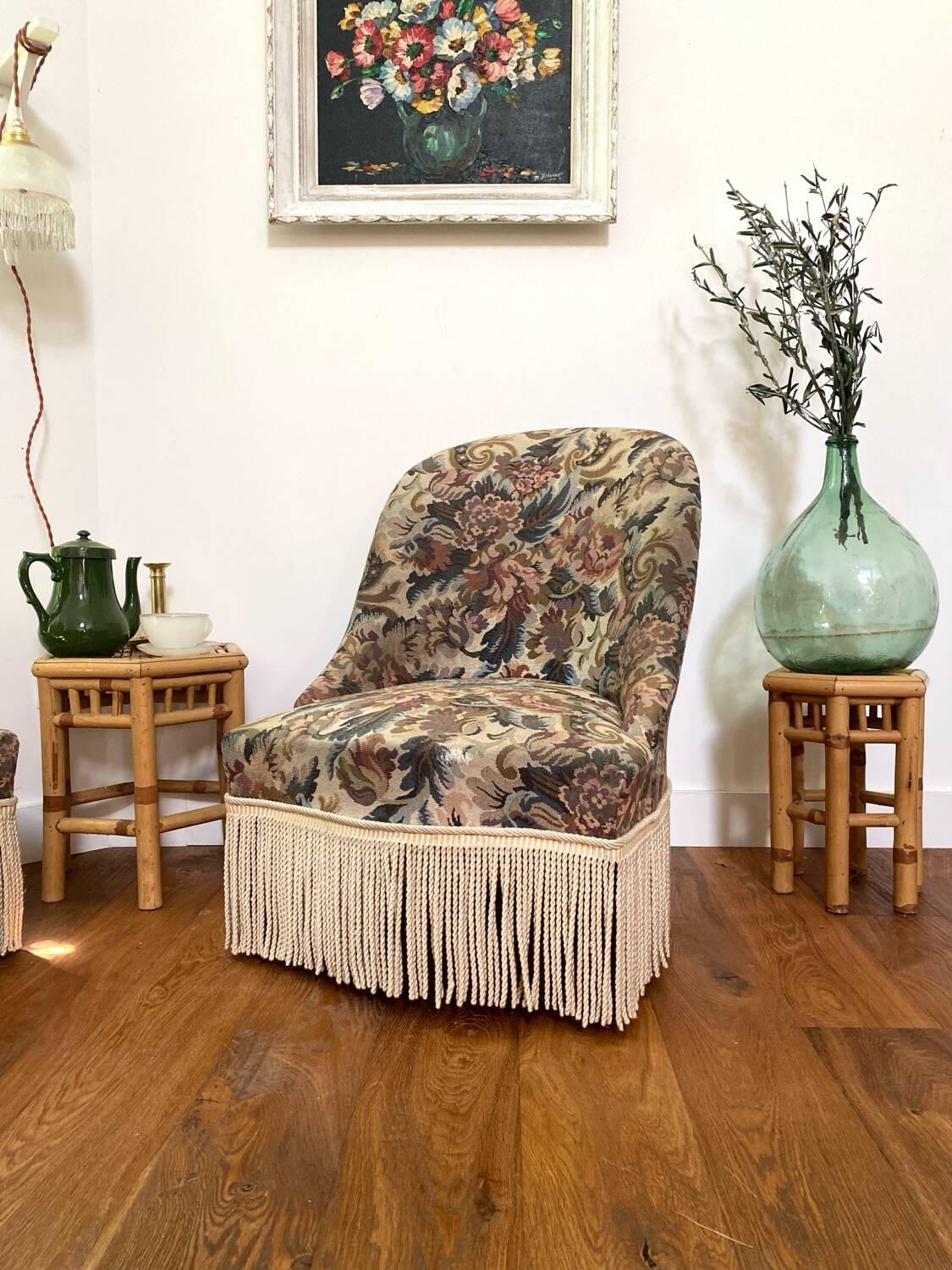 Pair of antique tapestry toad armchairs
