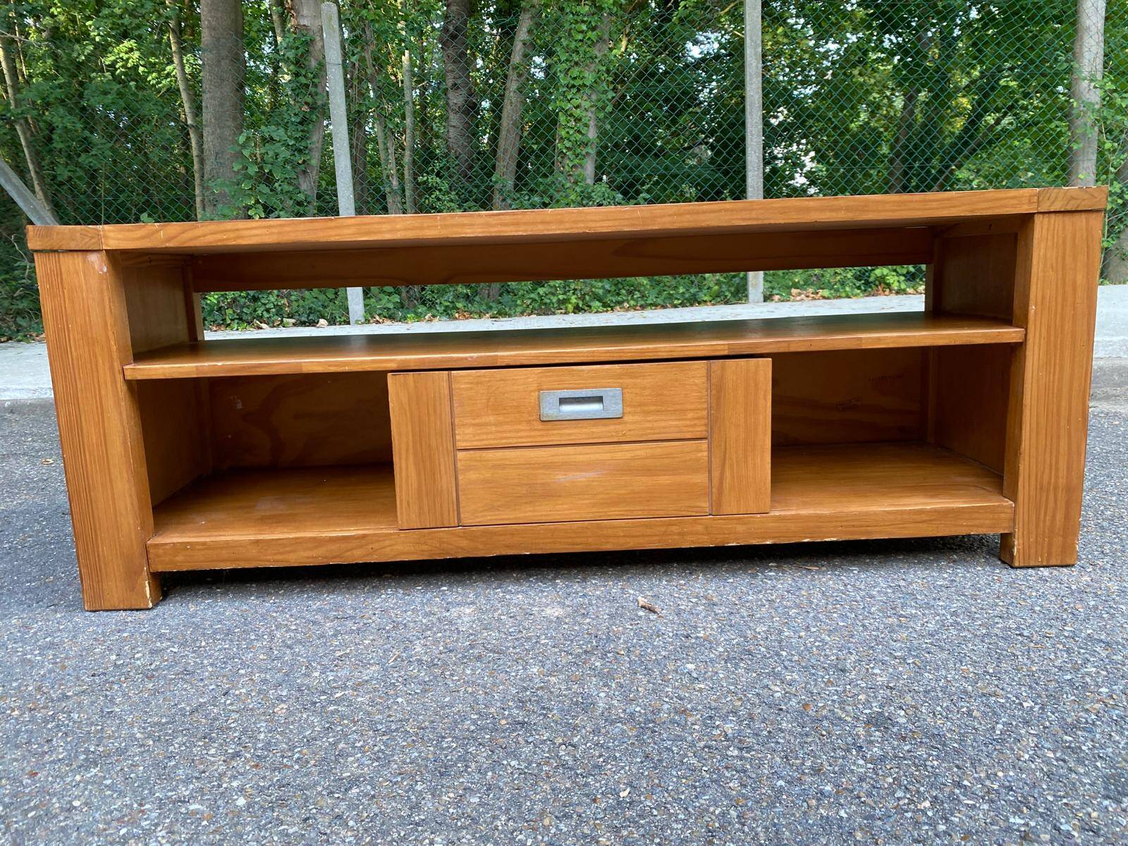 Solid pine wood TV unit stained with drawer and storage.