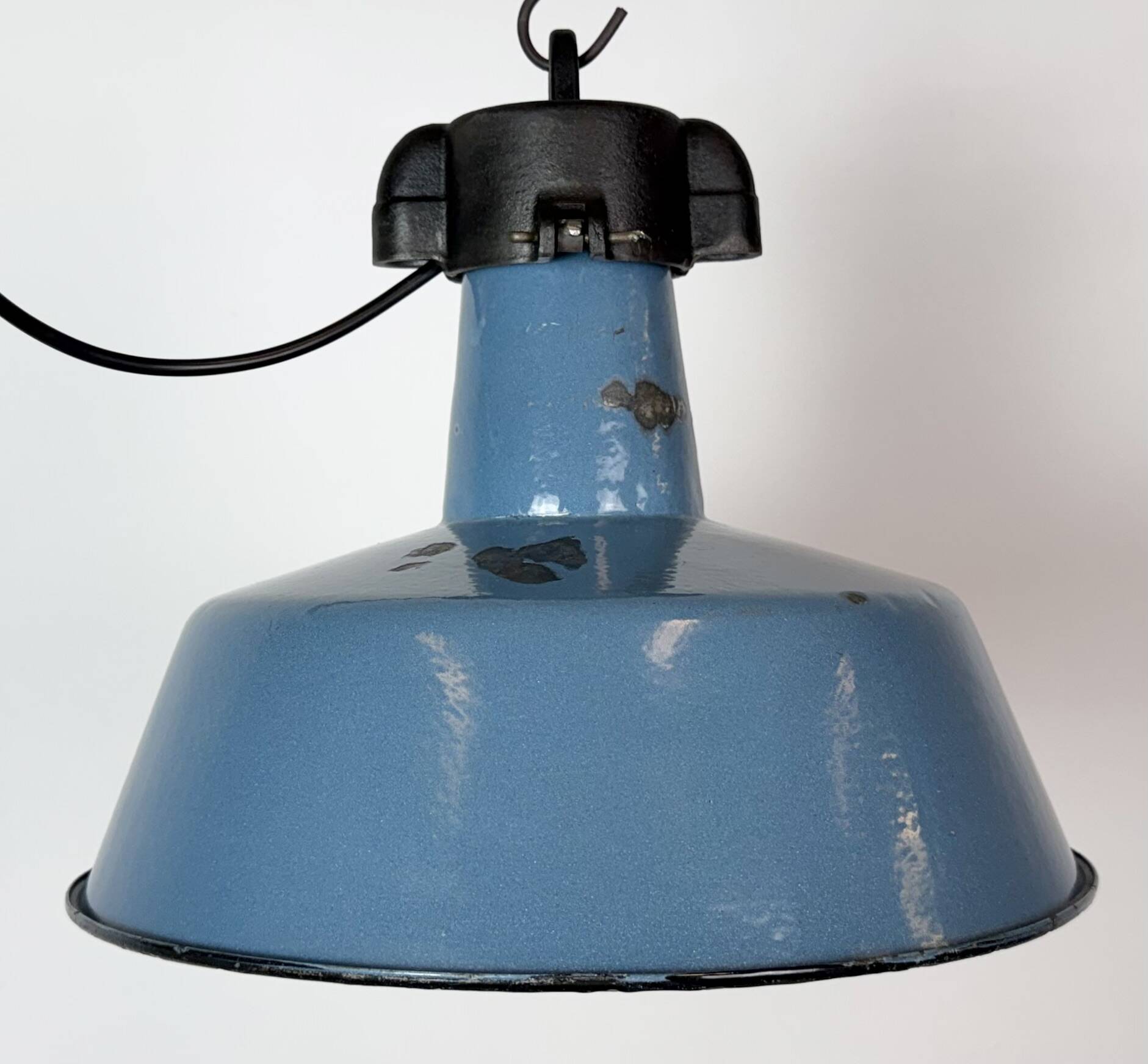 Industrial Blue Enamel Factory Lamp with Cast Iron Top, 1960s