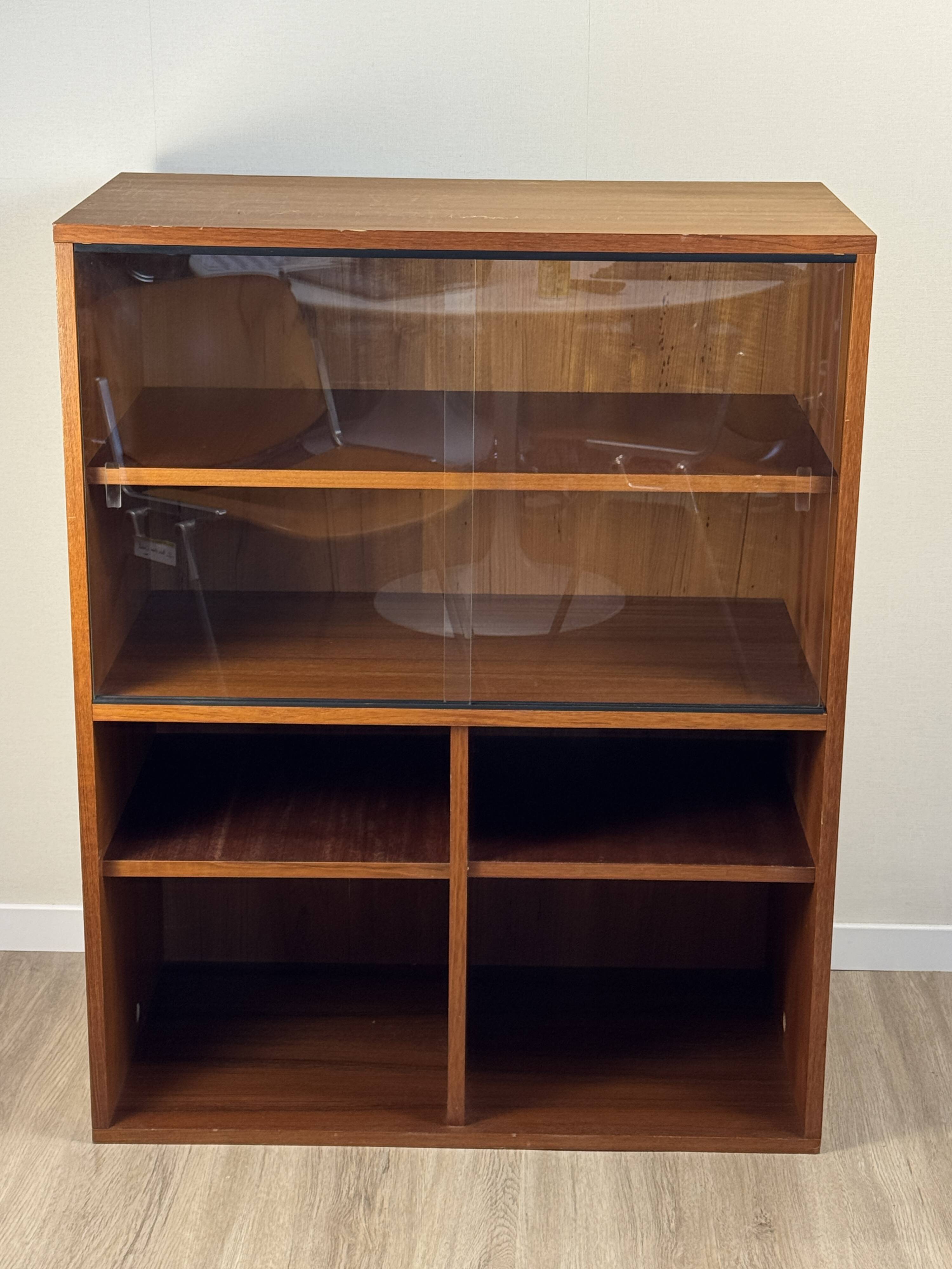 Teak bookshelf, sliding display + open storage, 60s/70s