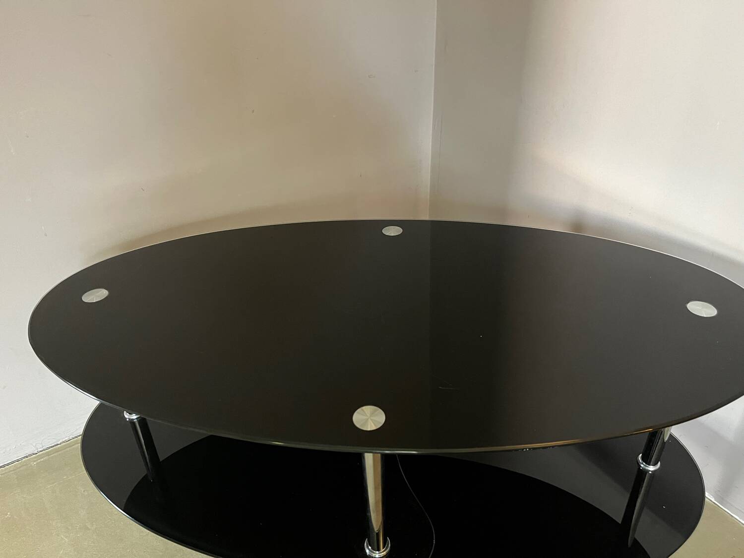 Vintage triple coffee table with smoked glass and chrome top