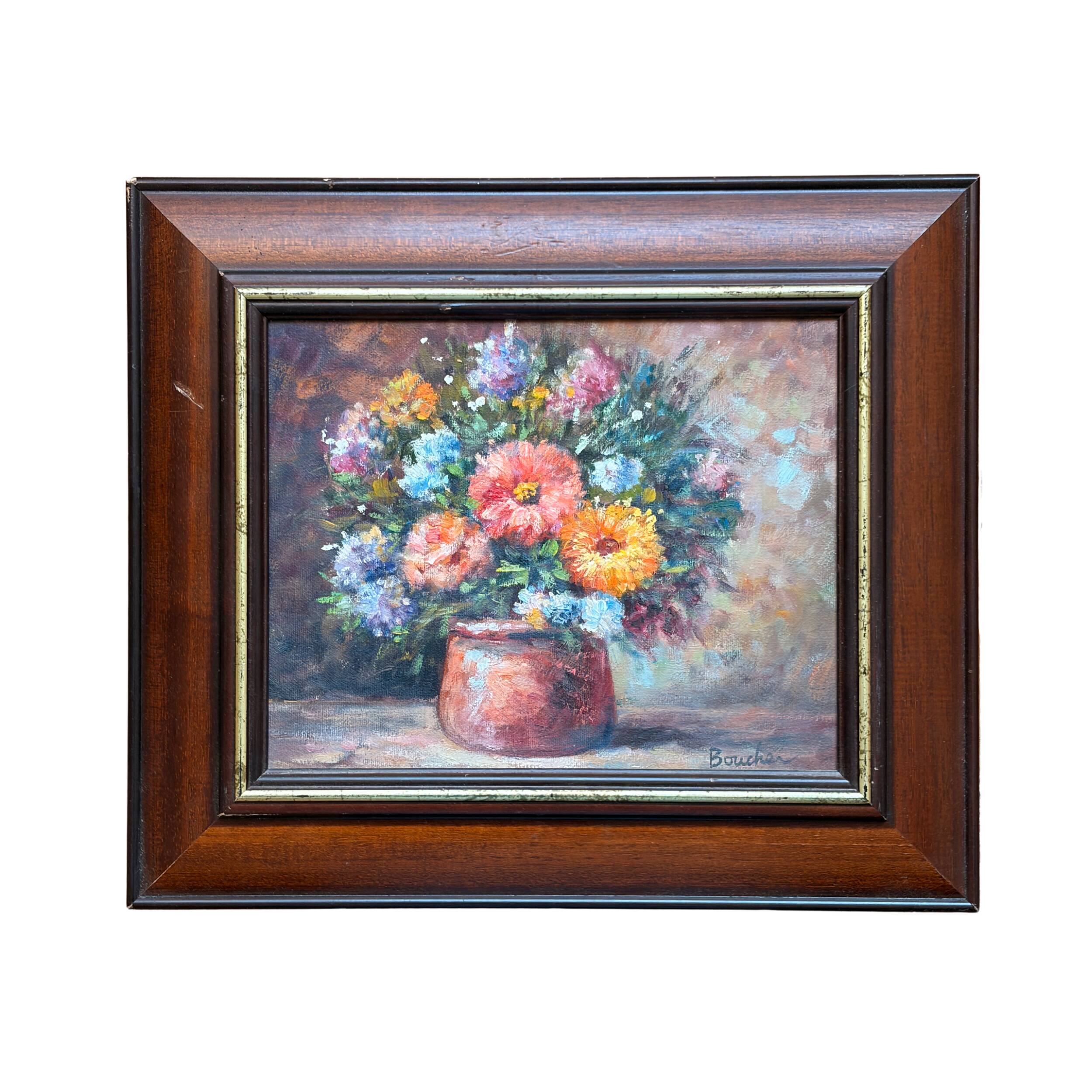 Oil Painting Bouquet of Flowers Impressionist Signed Boucher Wooden Frame