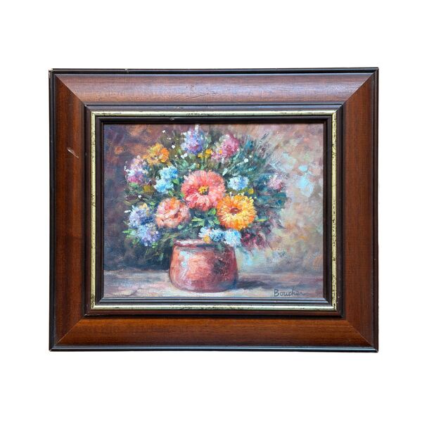 Tableau Huile Bouquet de Fleurs Impressionniste Signé Boucher Cadre Bois