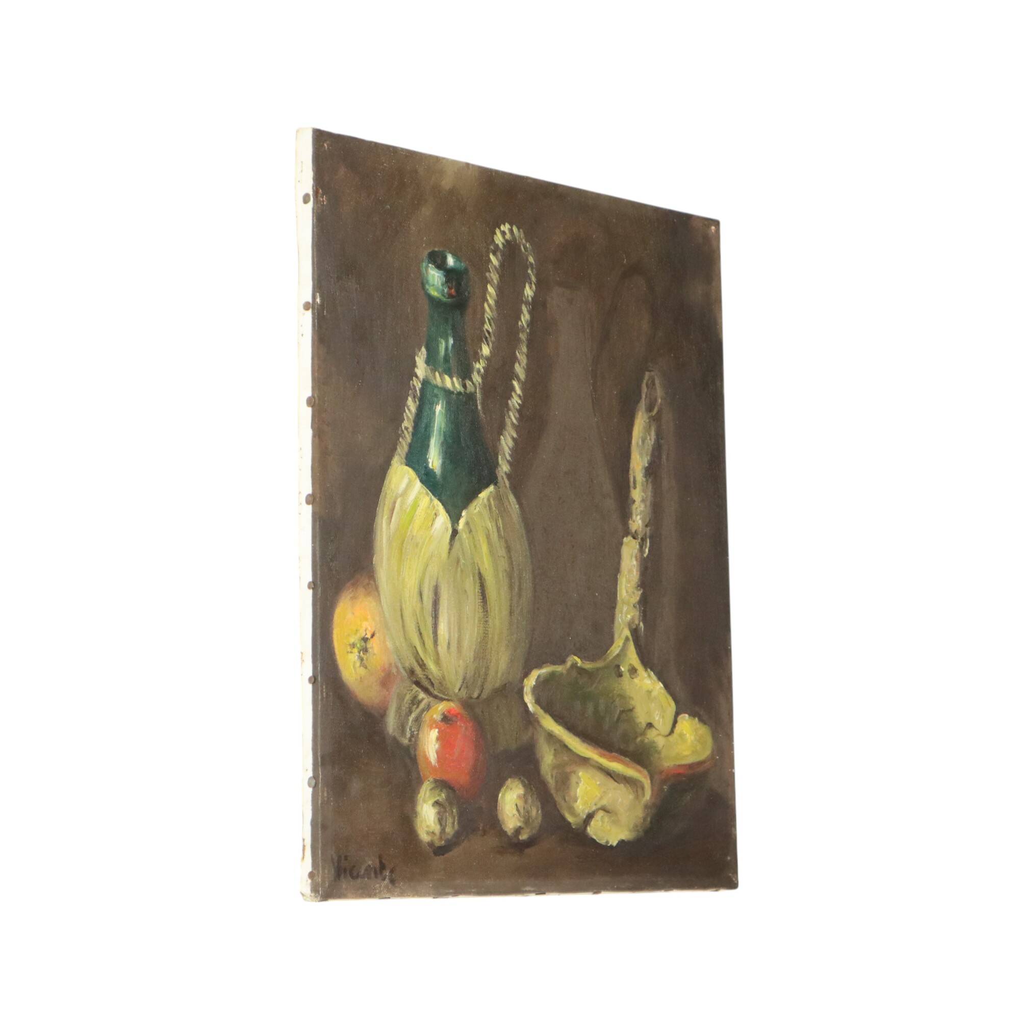 Still Life with Wine and Fruit Painting Oil on Canvas Signed