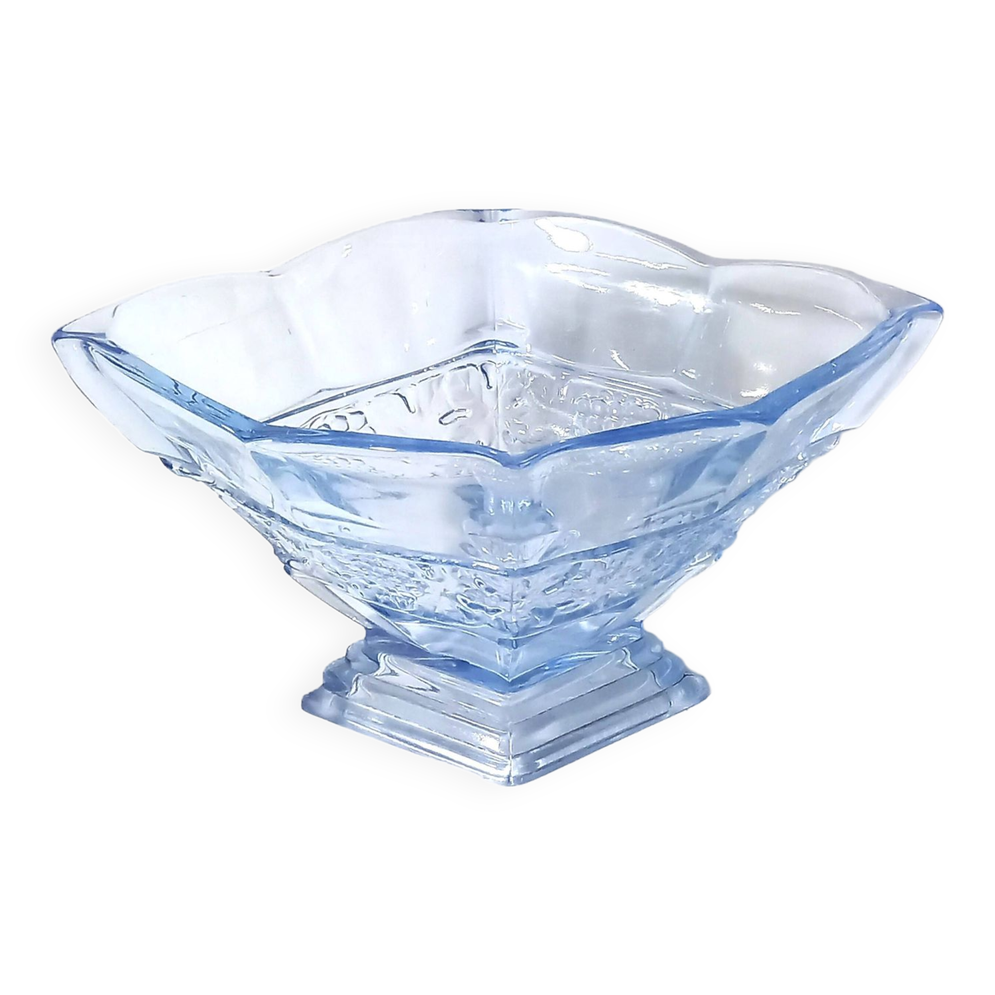 Art deco diamond-shaped vase in light blue color pressed molded glass