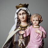 Statuette stuc ND du Mont Carmel, ateliers Olot, yeux en verre, 1920-1930