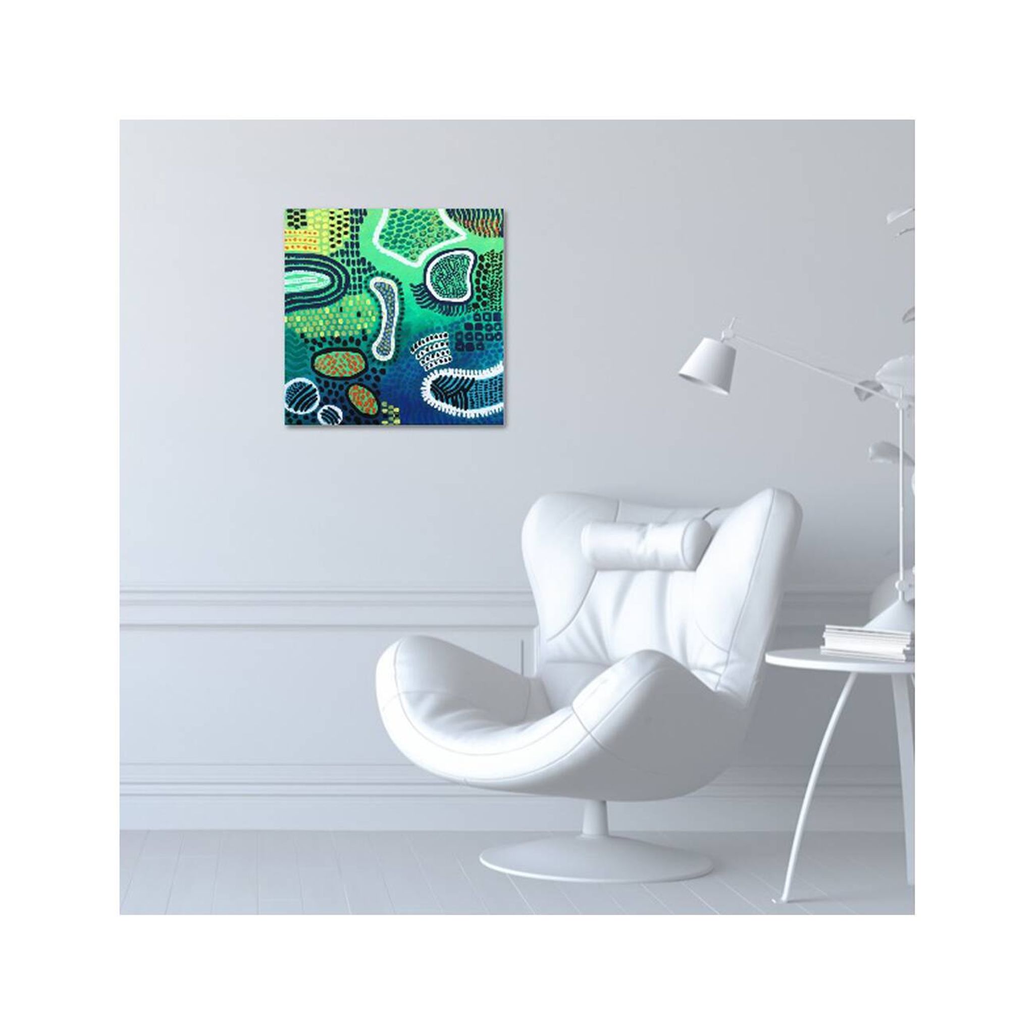 Peinture abstraite moderne verte, jaune, bleue et blanche avec techniques mixtes