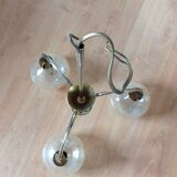 Three-globe brass chandelier in amber/vintage glass 60s-70s