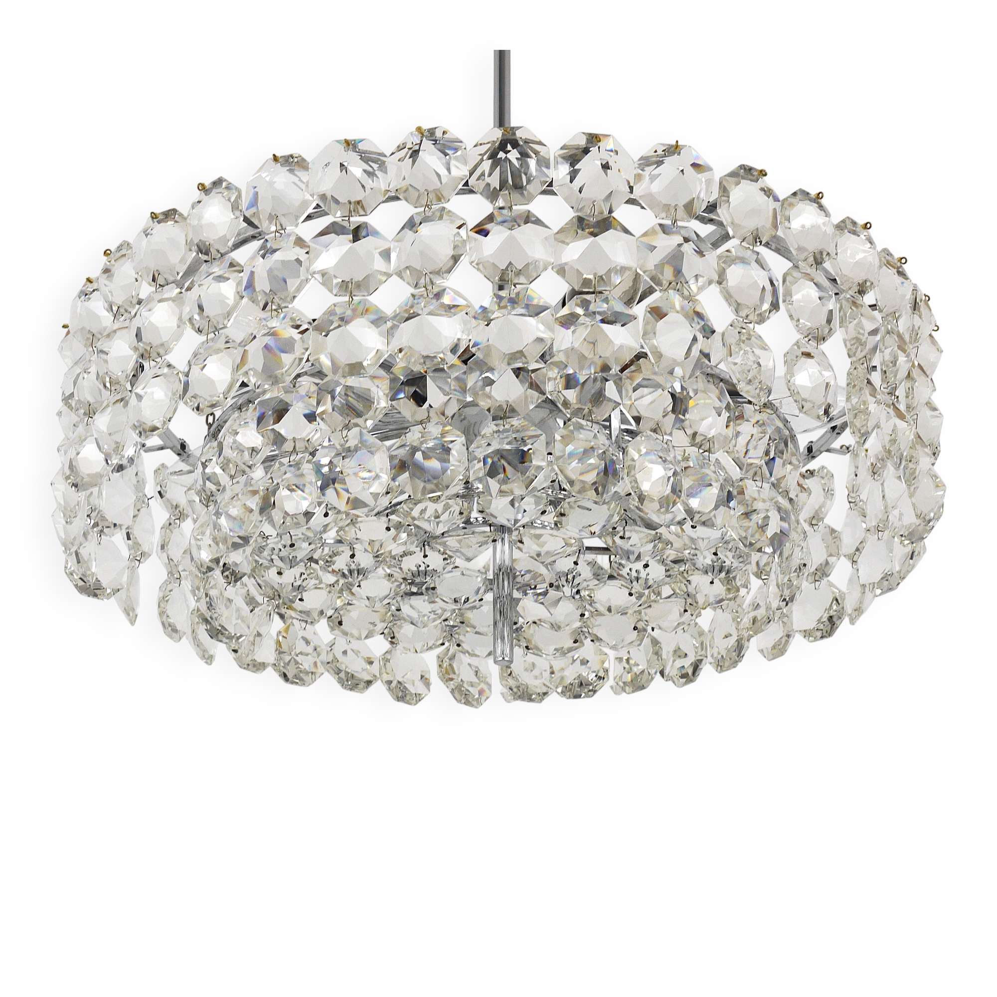 Grand lustre en laiton nickelé Bakalowits avec cristaux en diamant, Autriche, 1950