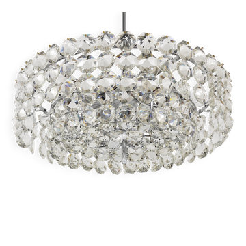 Grand lustre en laiton nickelé Bakalowits avec cristaux en diamant, Autriche, 1950